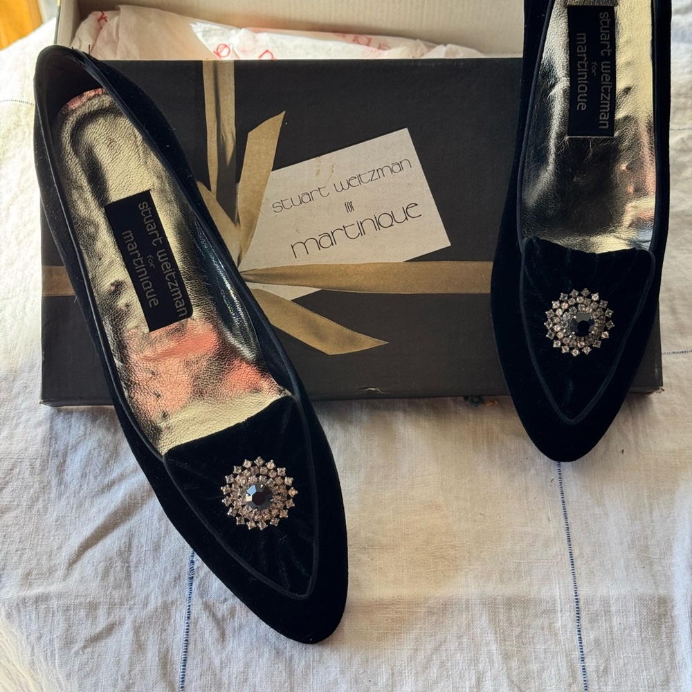 Stuart Weitzman Black Velvet Loafers with Jewel Accent